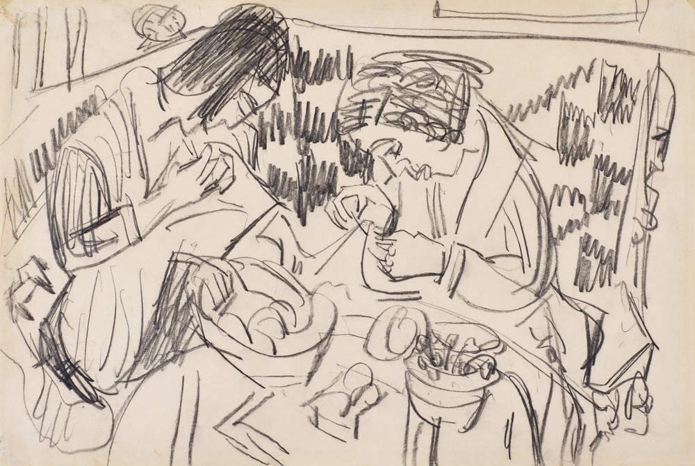 Zwei nähende Frauen am Tisch (Two Sewing Women at the Table) (ca 1924)