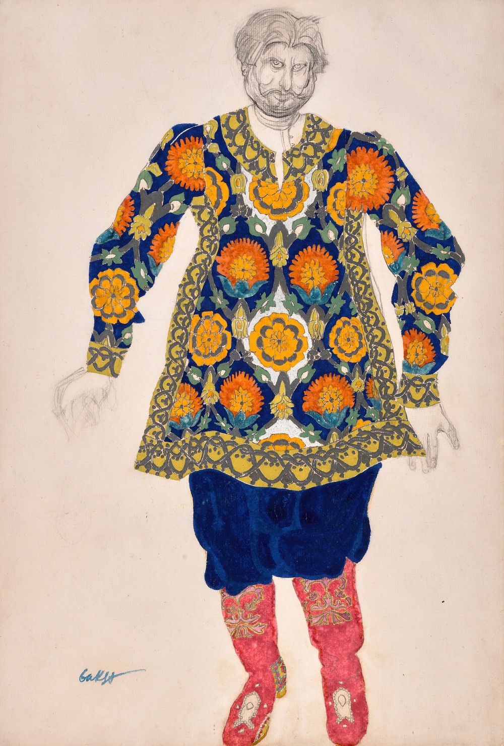 Costume design for ‘Sadko’; Man with embroidered shirt and red boots (circa 1917)