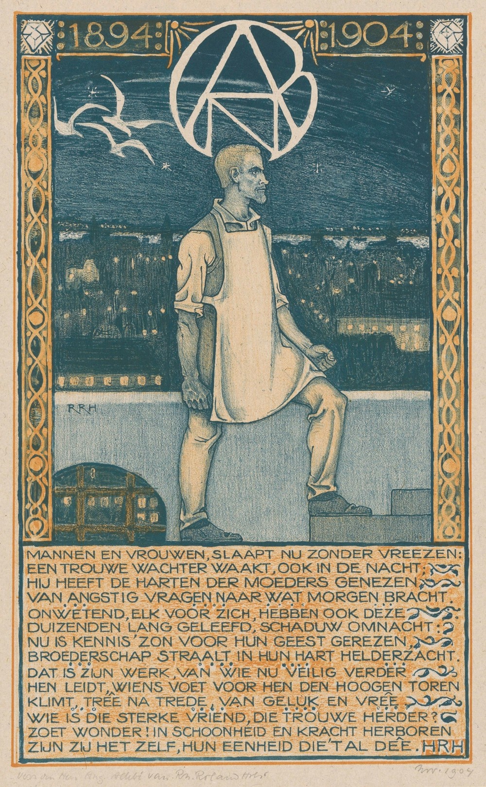 Prent ter gelegenheid van het tienjarig jubileum van de Algemene Nederlandse Diamantbewerkersbond in 1904