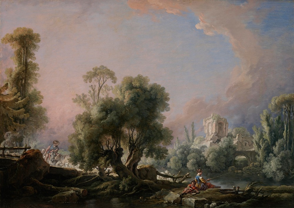 Idyllic Landscape with Woman Fishing