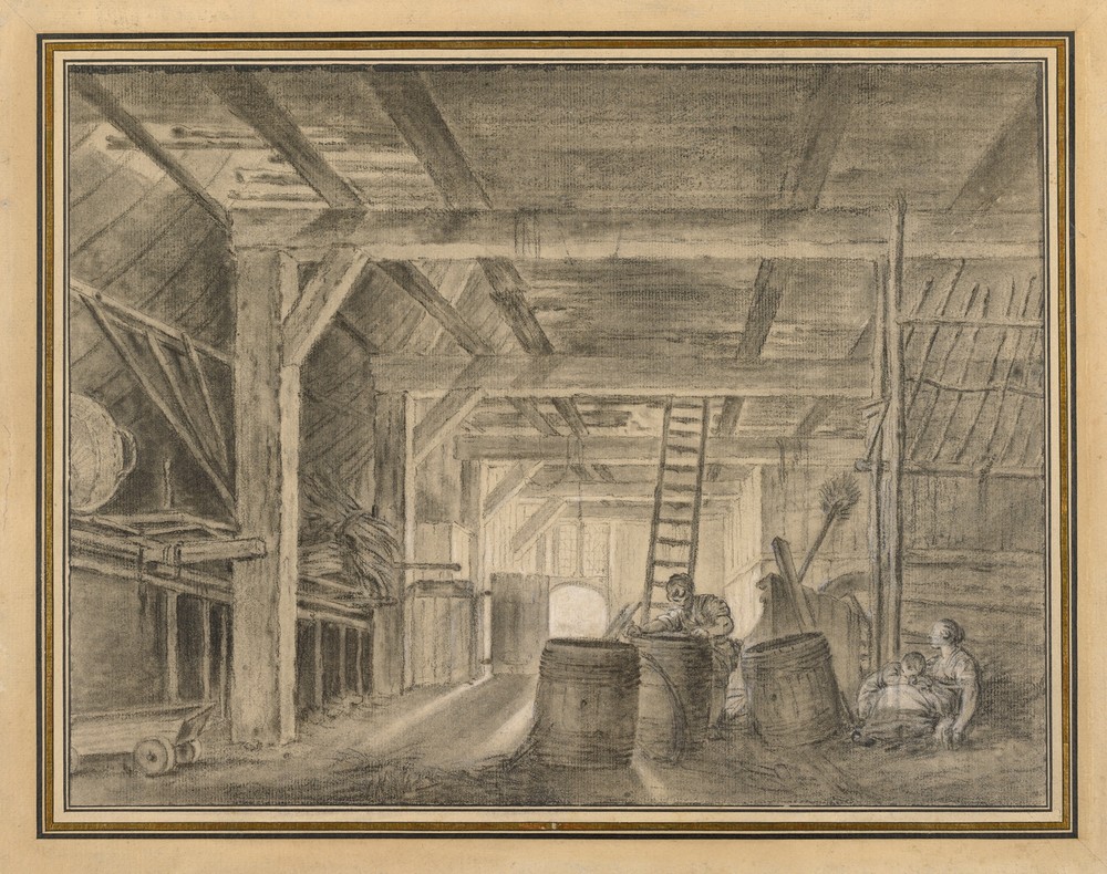 Interior of a Barn with a Family of Coopers