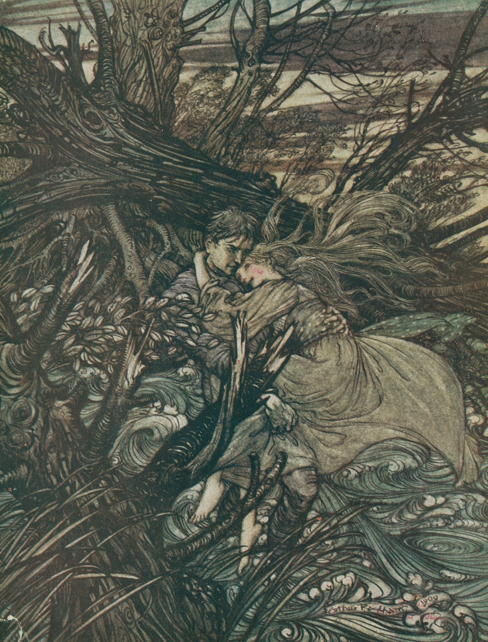 ‘The knight took the beautiful girl in his arms and bore her over the narrow space where the stream had divided her little island from the shore.’