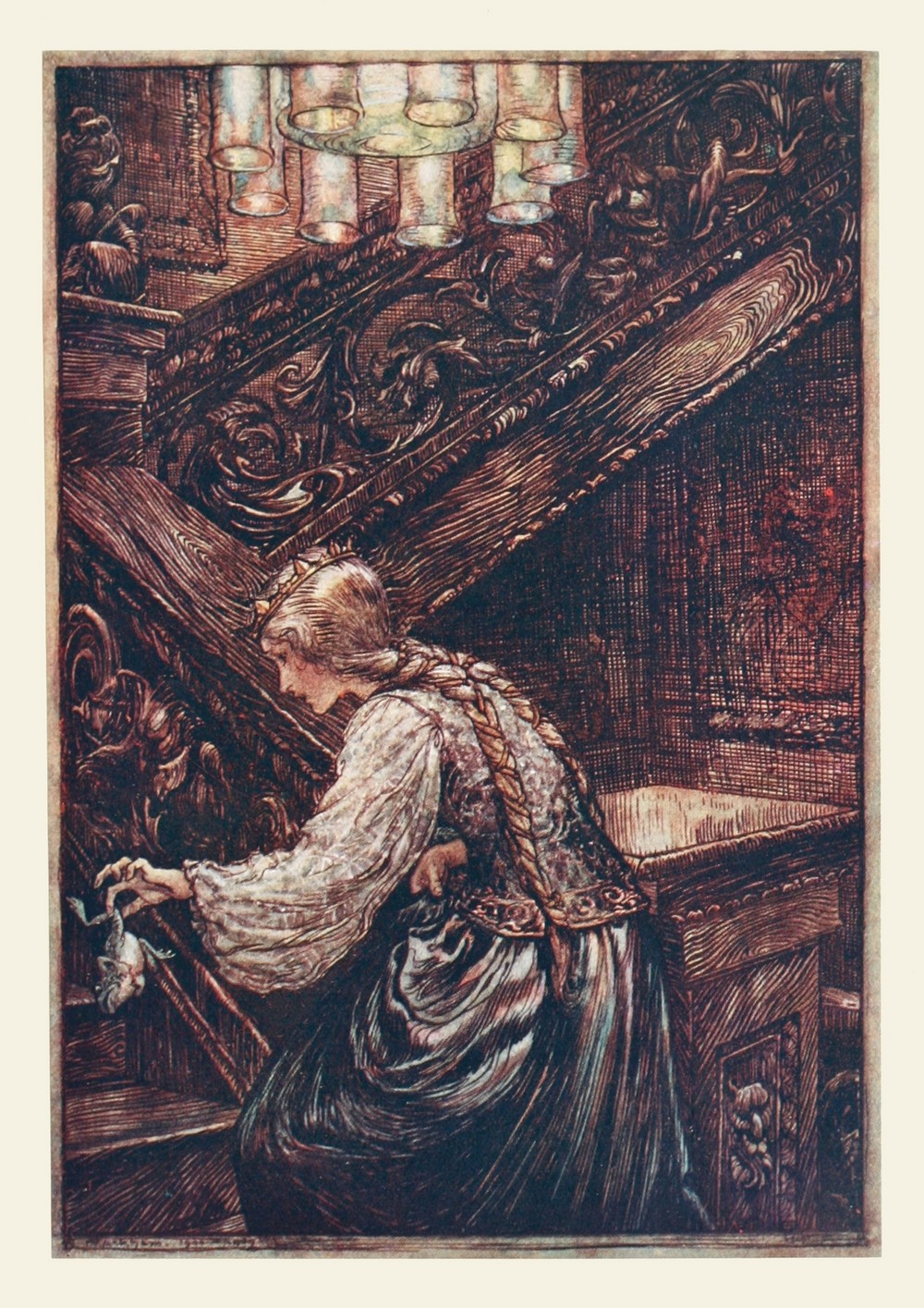 So she seized him with two fingers, and carried him upstairs