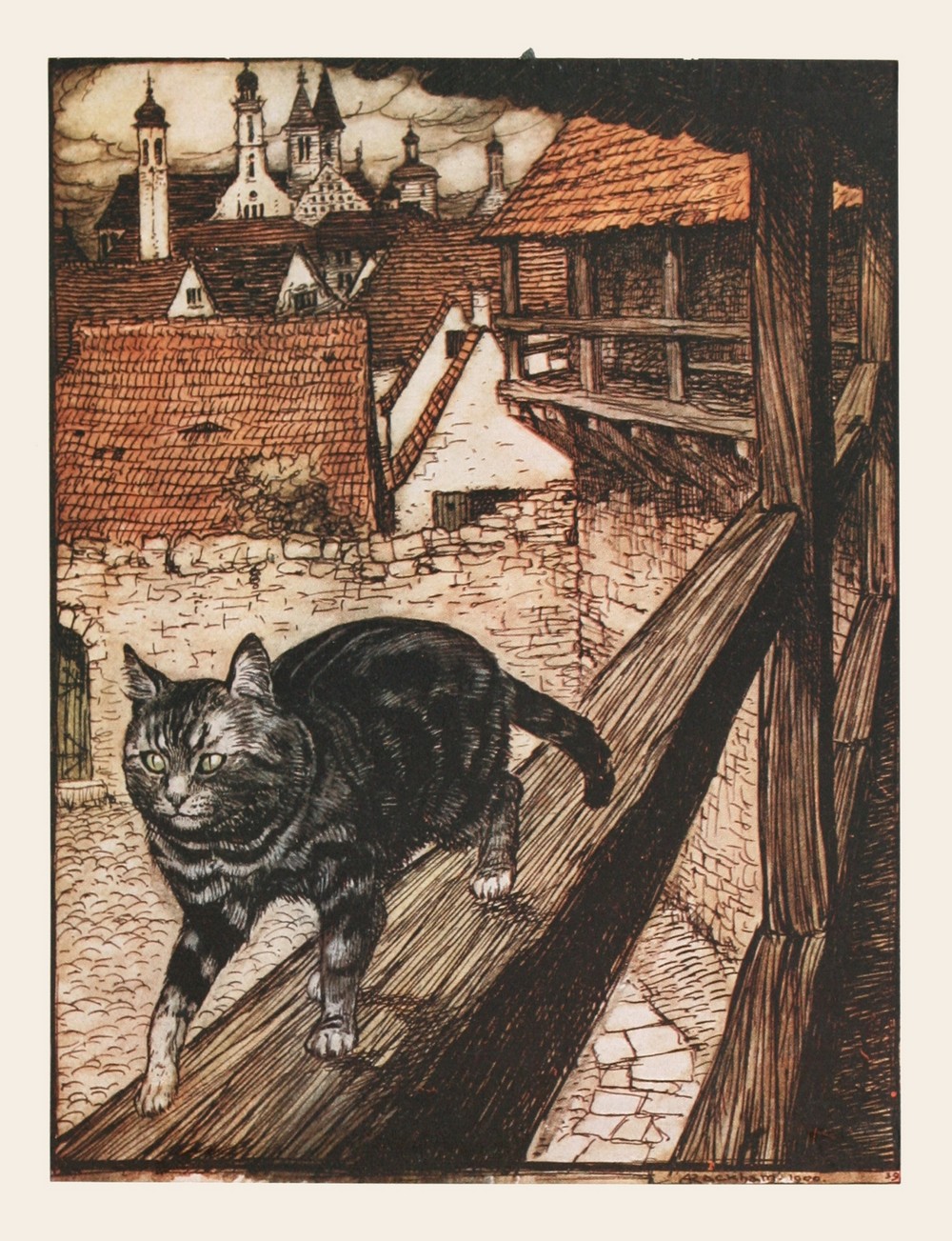 The Cat stole away behind the city walls to the church