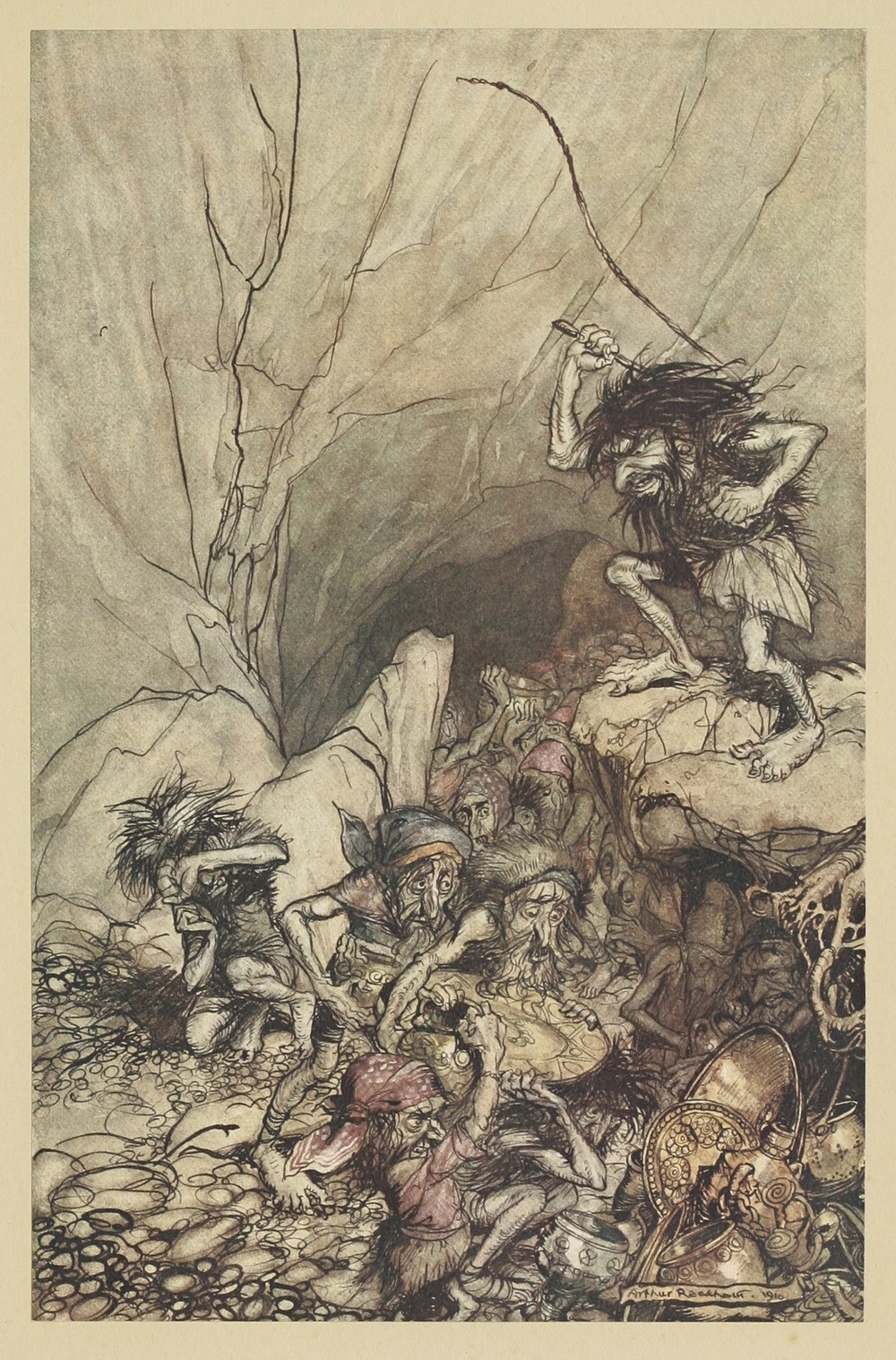 Alberich drives in a band of Niblungs laden with gold and silver treasure
