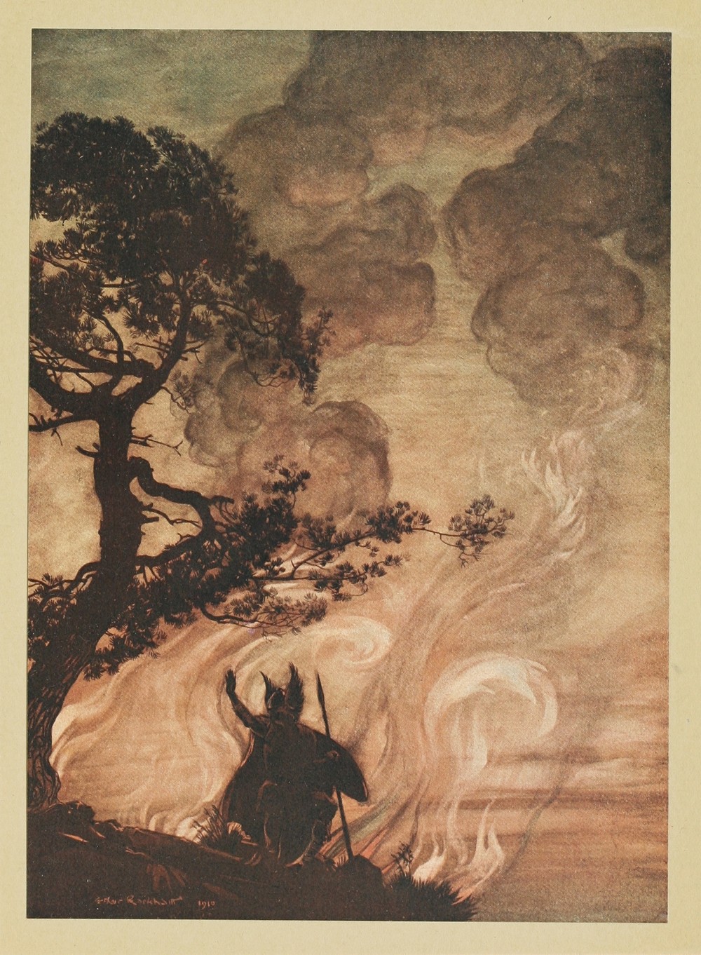 As he moves slowly away, Wotan turns and looks sorrowfully back at Brunnhilde