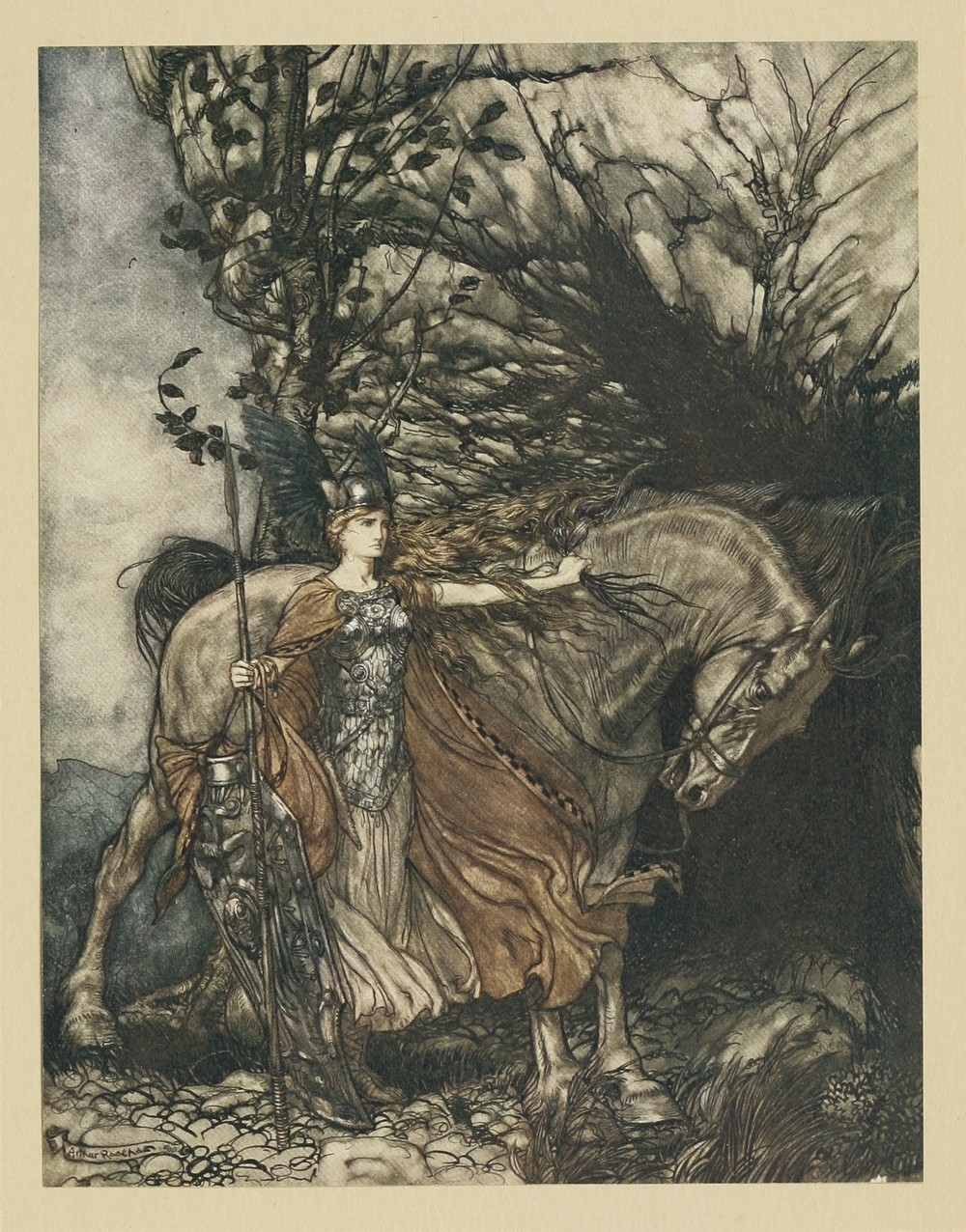 Brunnhilde with her horse, at the mouth of the cave