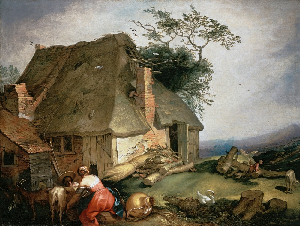 A cottage with peasants milking goats (circa 1620)