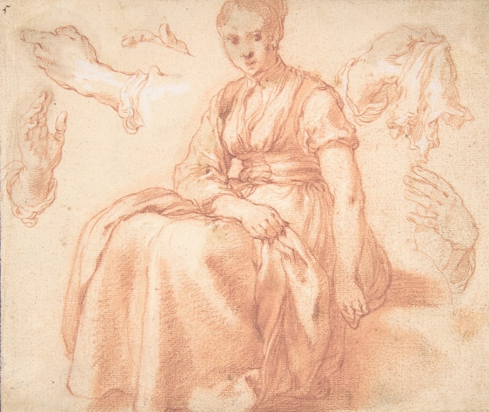 Study of a Seated Woman and Five Studies of Hands (16th century)