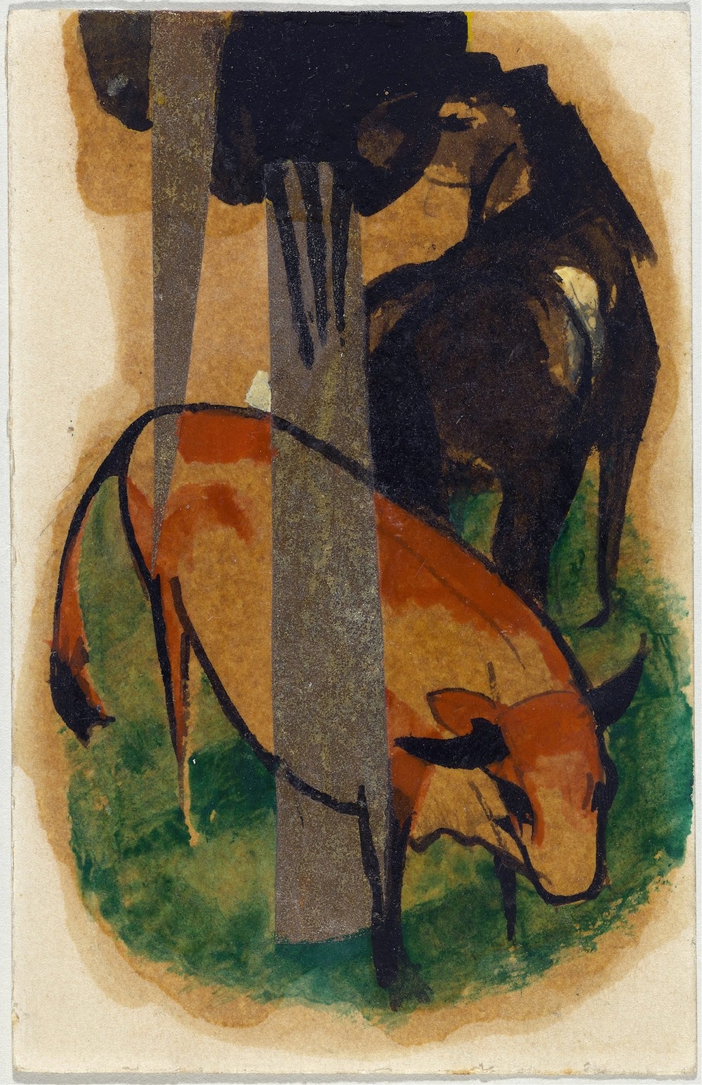 Red horse and yellow cattle (black-brown horse and yellow cattle)