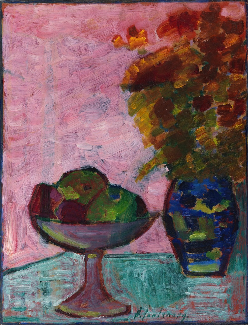 Stillleben Mit Fruchtschale Und Blumenvase