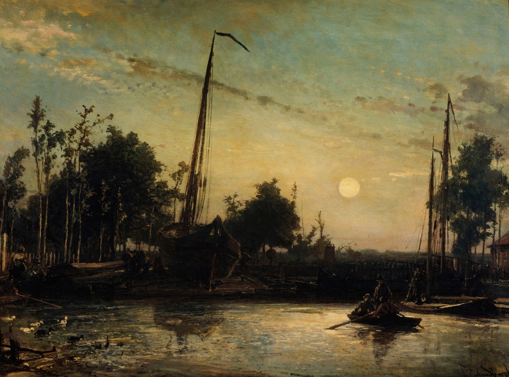 Bateau en construction en bord de canal, Paysage hollandais