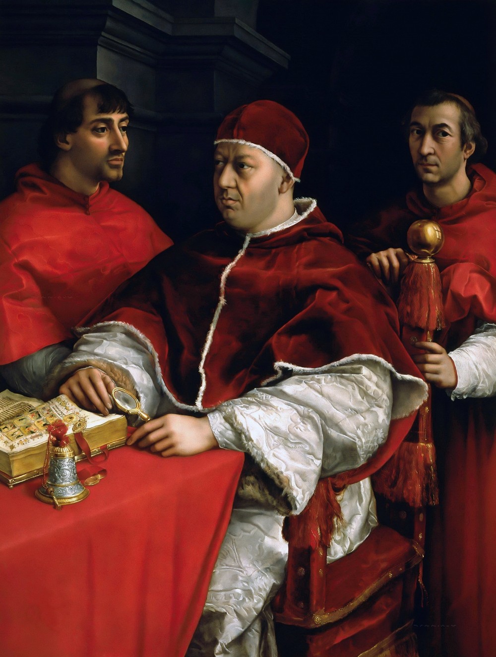 Portrait of Pope Leo X with Cardinals Giulio de’ Medici and Luigi de’ Rossi (circa 1518)
