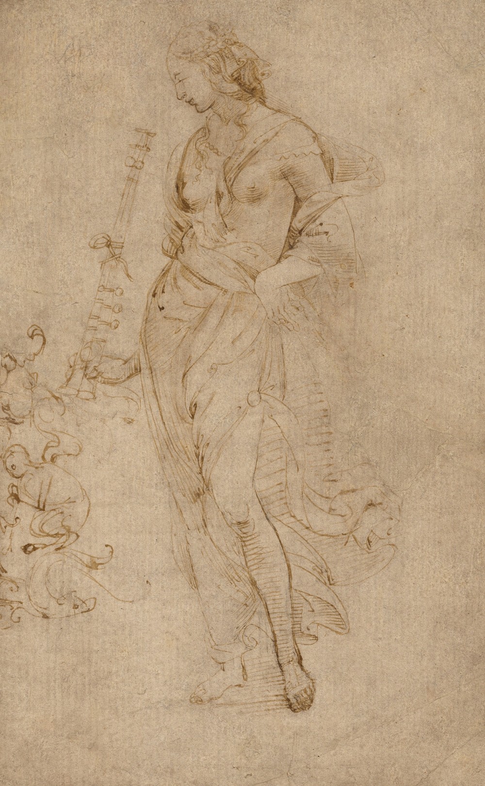 Female Figure with a Tibia, and Ornamental Studies
