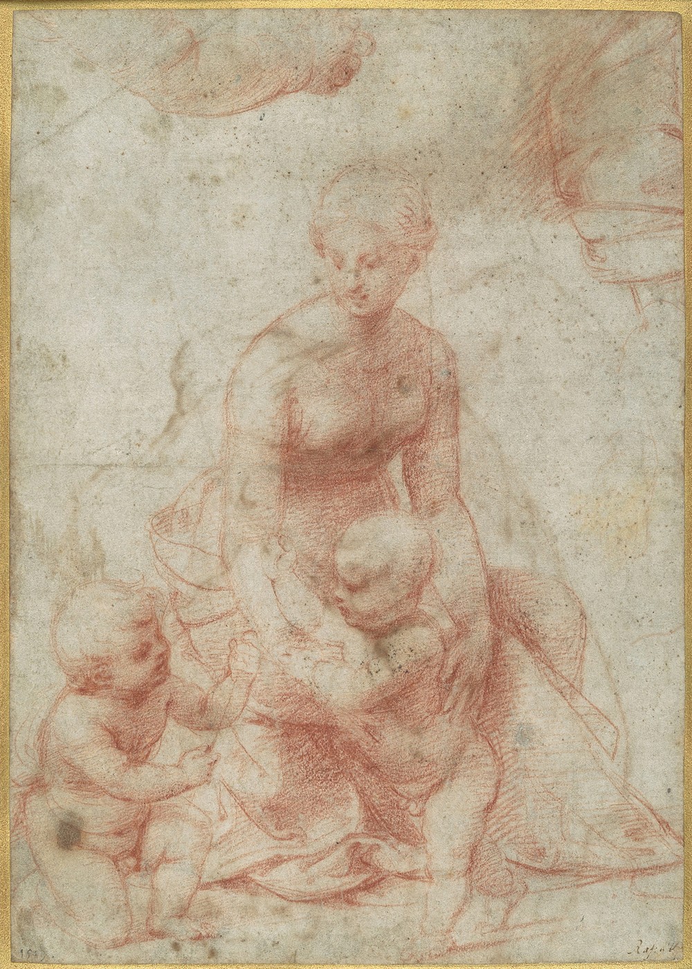Madonna and Child with the Infant Saint John the Baptist; upper left, Study for the Right Arm of the Infant Saint John; upper right, Study for Drapery (ca. 1506–7)