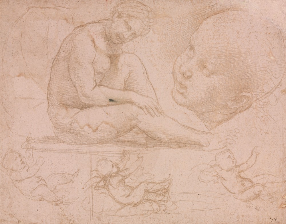 Studies of a Seated Female, Child’s Head, and Three Studies of a Baby (c. 1507–8)