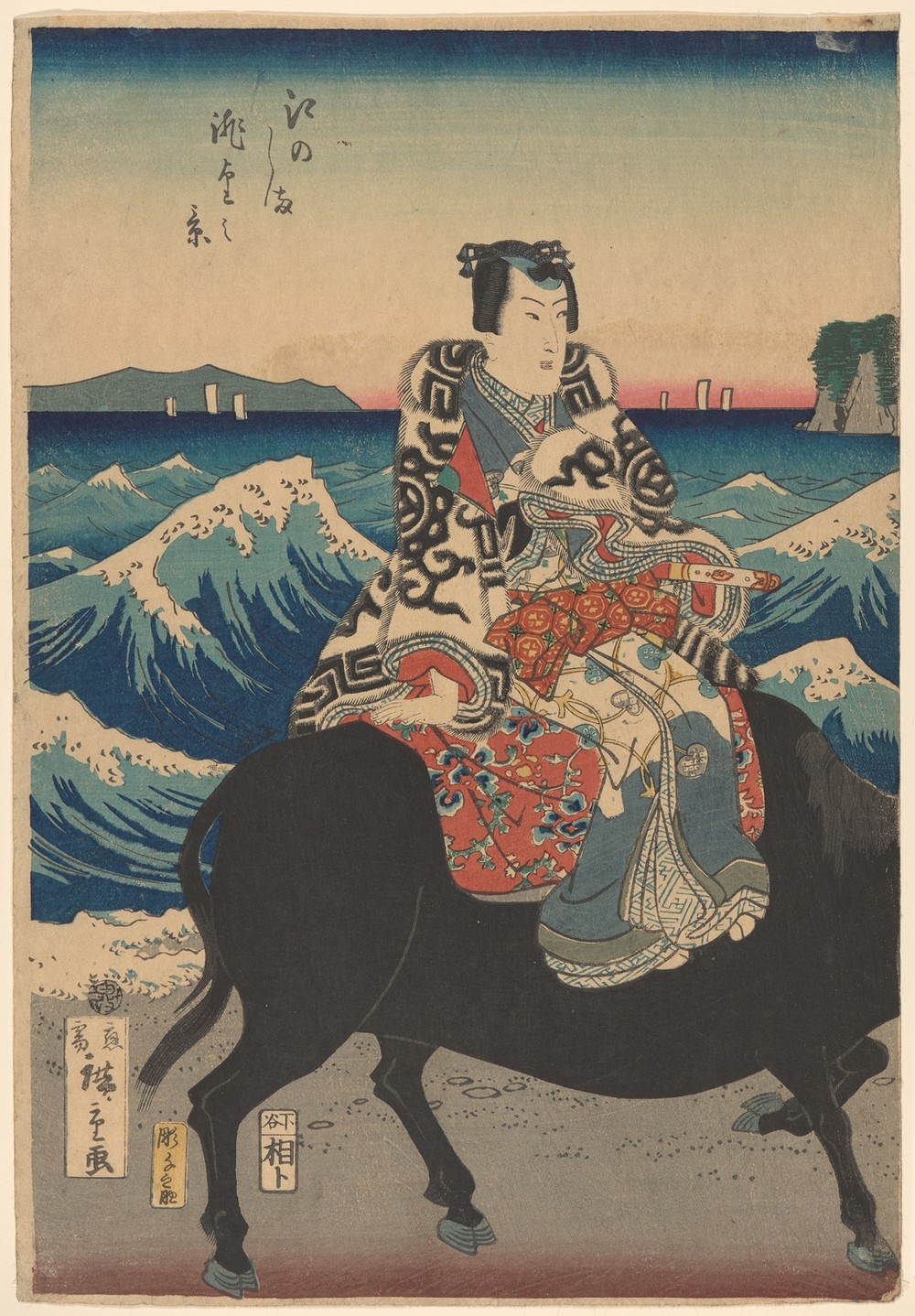 Enoshima Island (Figure on an ox, waves) (19th century)