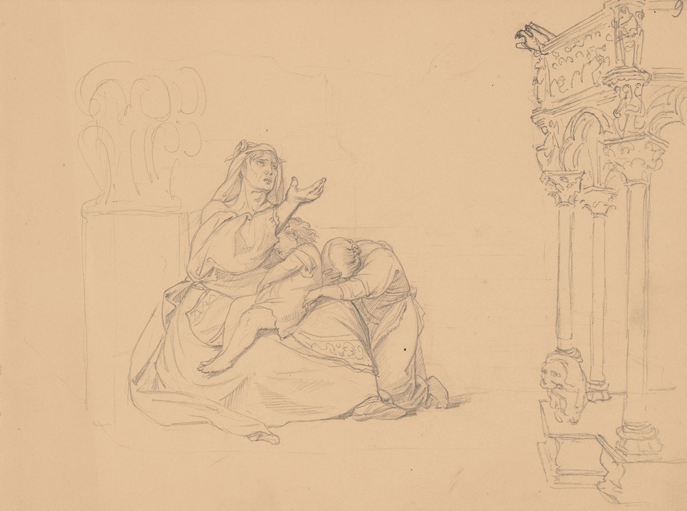 A woman with two children with a hand extended in a gesture of begging