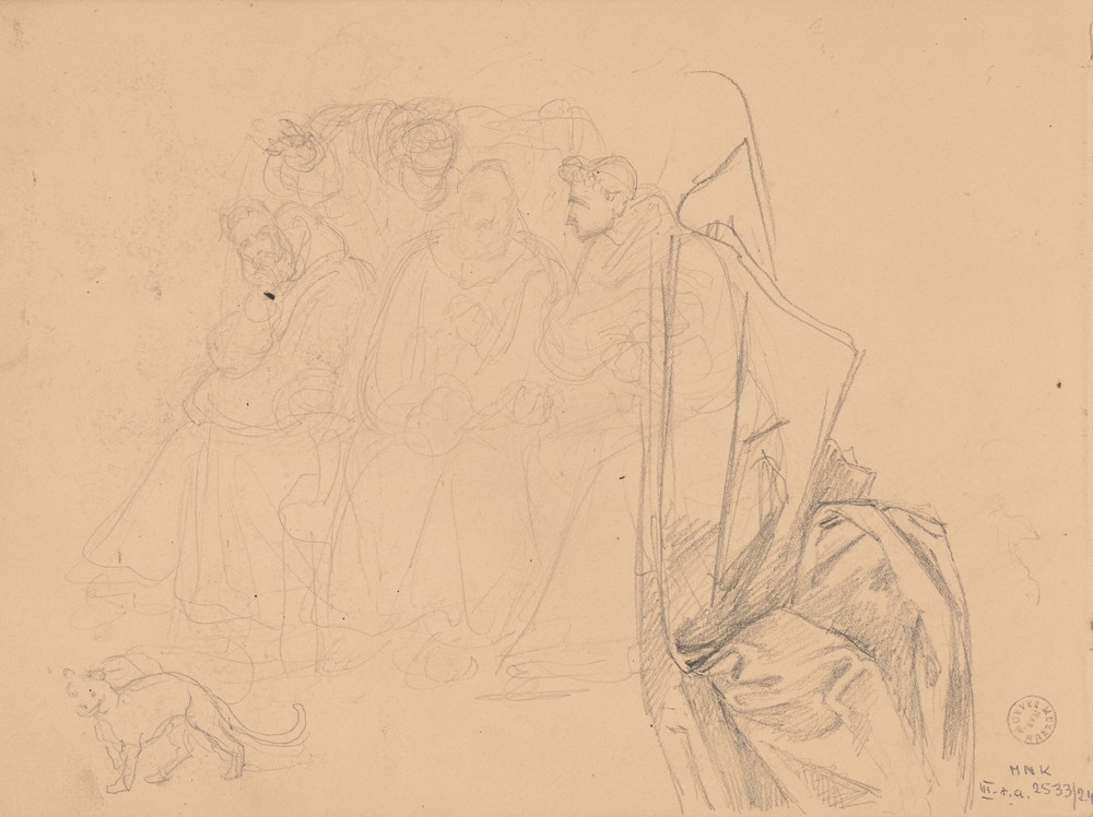 Sketch of three monks sitting side by side