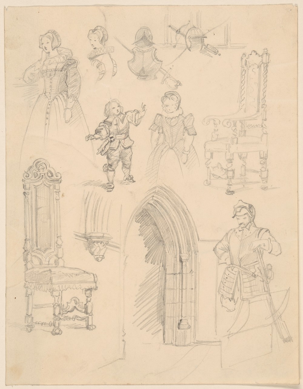 Sketches of Baroque costumes and furniture and Gothic architectural details
