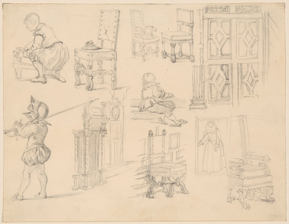 Sketches of Baroque costumes and furniture