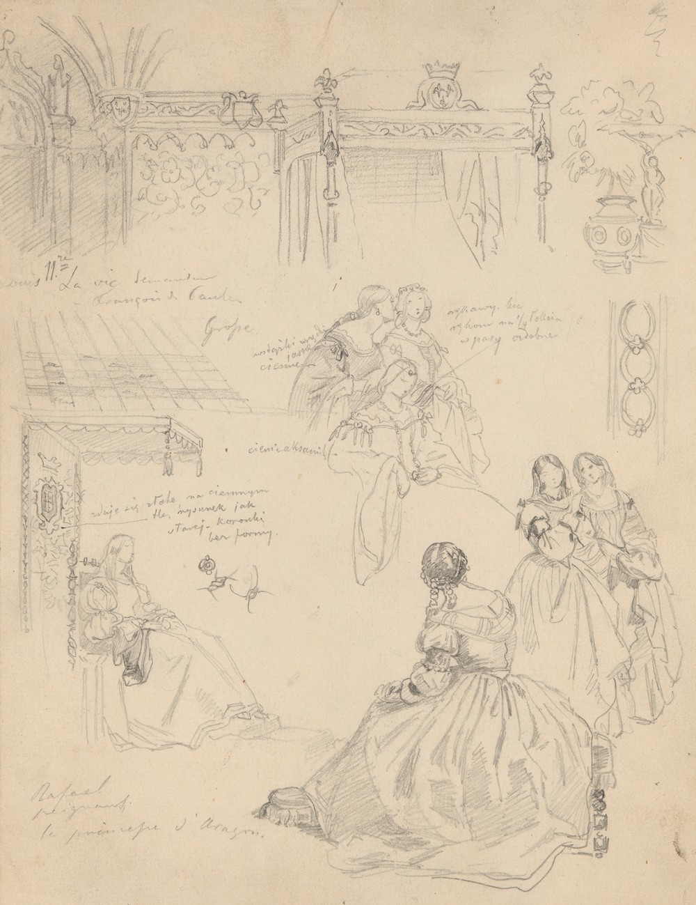 Sketches of costumes, furniture and architectural details