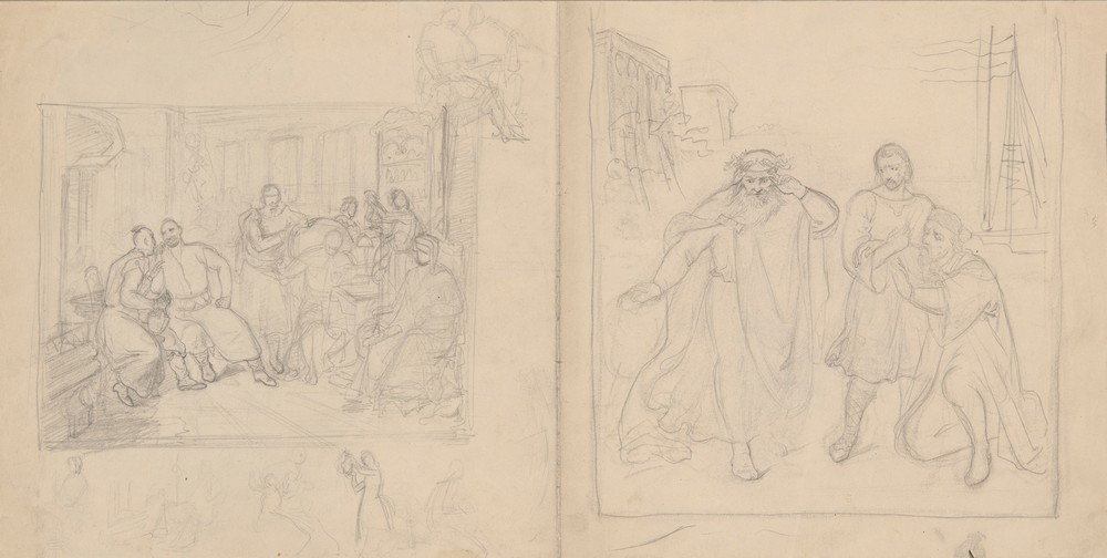 Sketches of figural compositions – the scene inside a manor house and the scene with a diviner