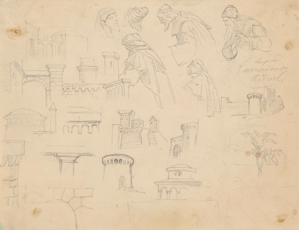 Sketches of medieval defensive structures and male figures with turbans