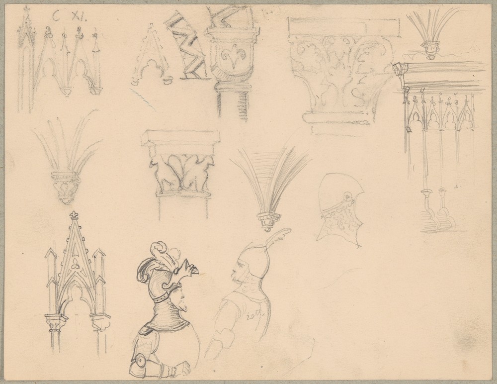 Sketches of Roman and Gothic architectural details and medieval armour