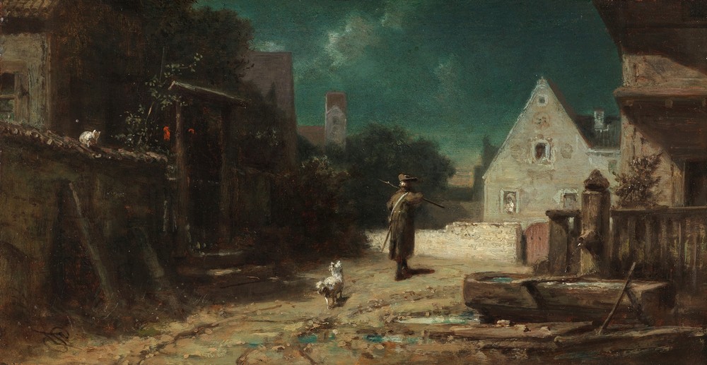 Nachtwächter bei Mondschein, Hund und Katze (Ca. 1870)