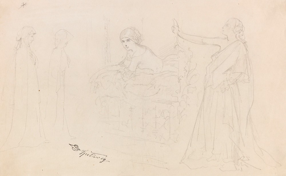 Figurenstudien; Eremit, Junge Frau am Fenster, Allegorie