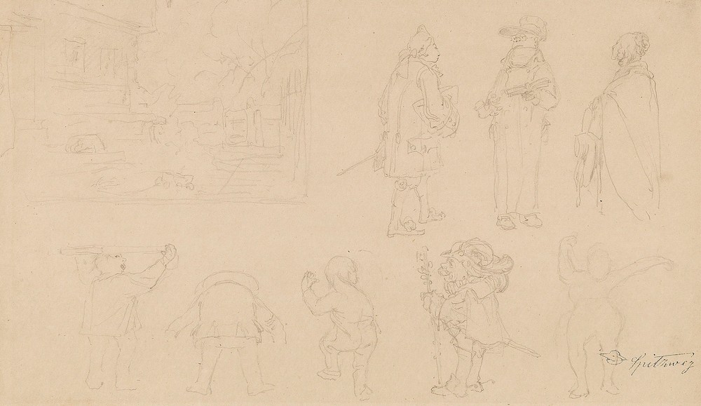Skizzenblatt mit 8 Figurenskizzen, darunter Gnome, sowie Gartenkomposition mit Tor, Haus, Hund und Bäumen