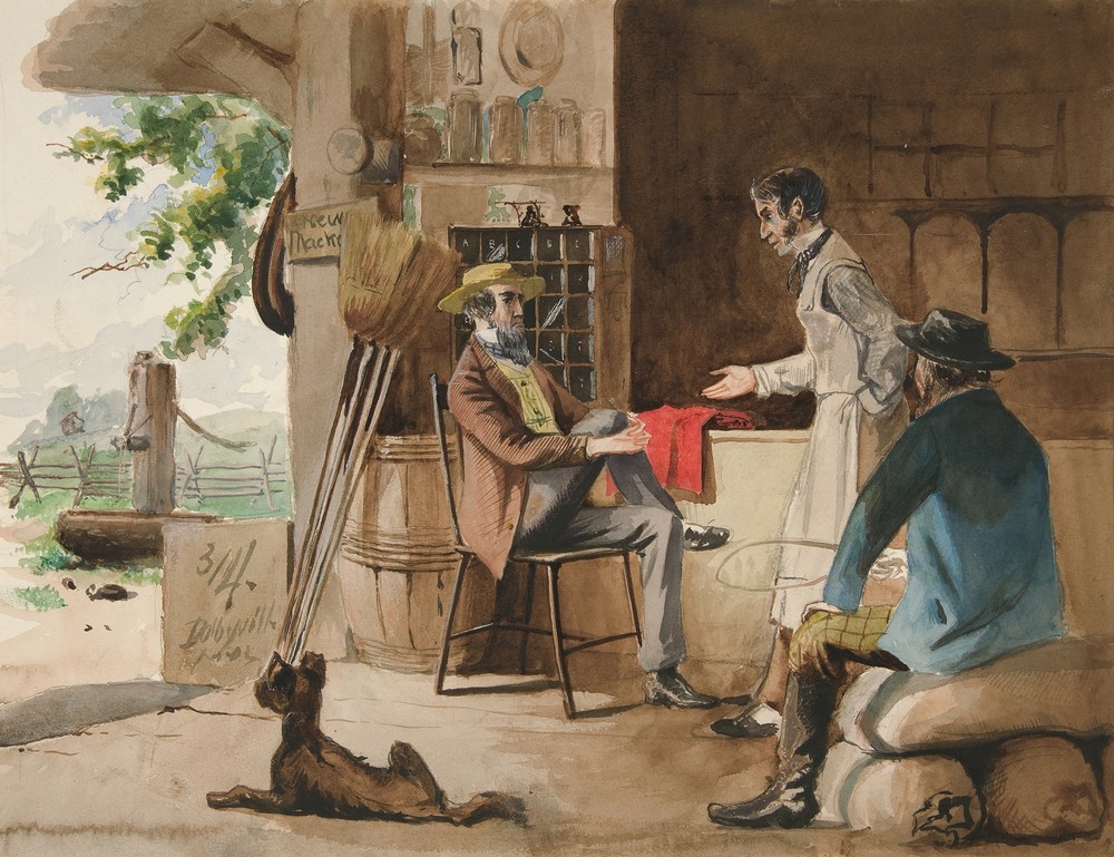 Three men in a dry-goods store – country store, Dolbyville
