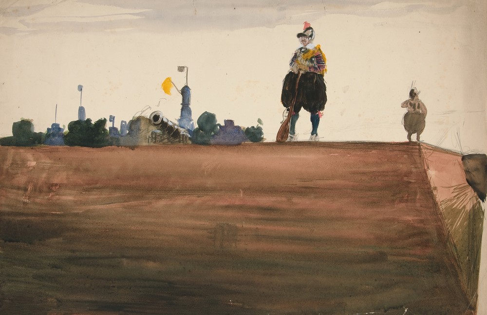 Two sentries atop a fortress wall