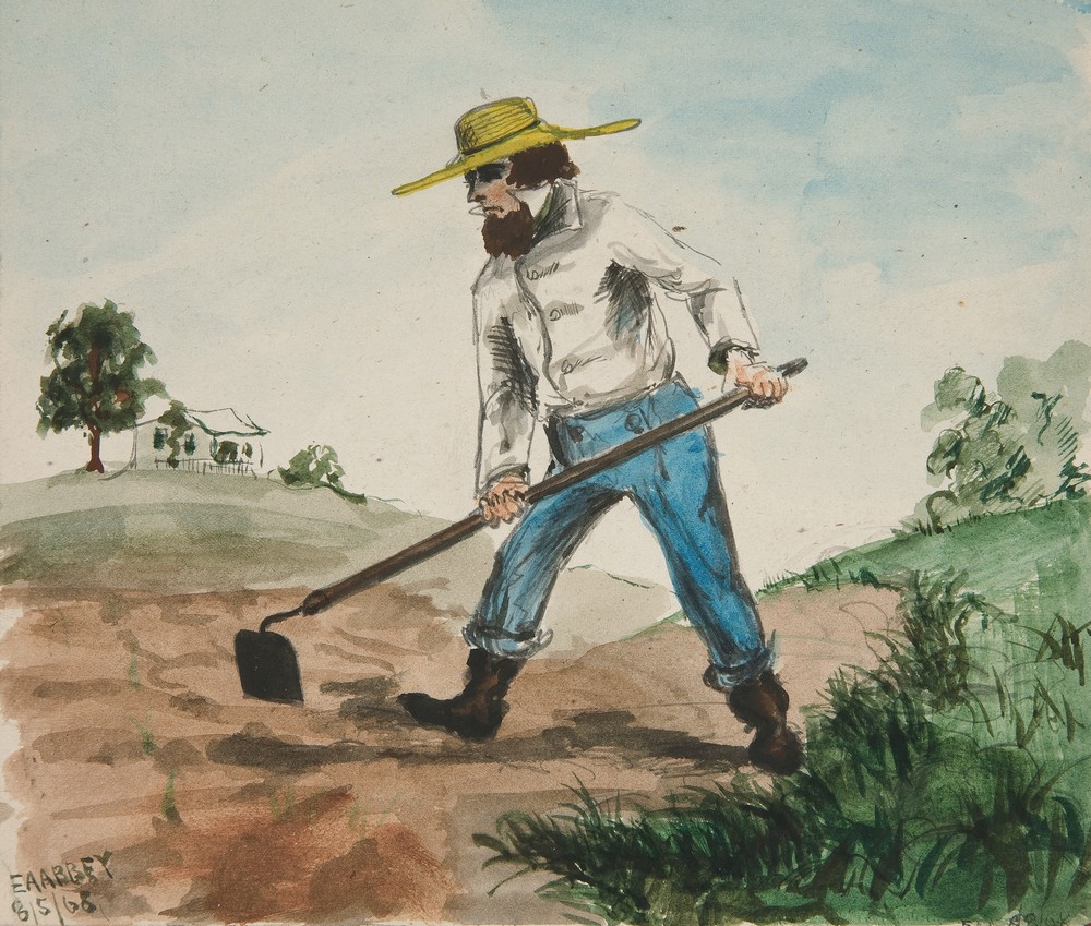 Unidentified Illustration of a Man Hoeing a Garden (recto); Three Figure Studies (verso)
