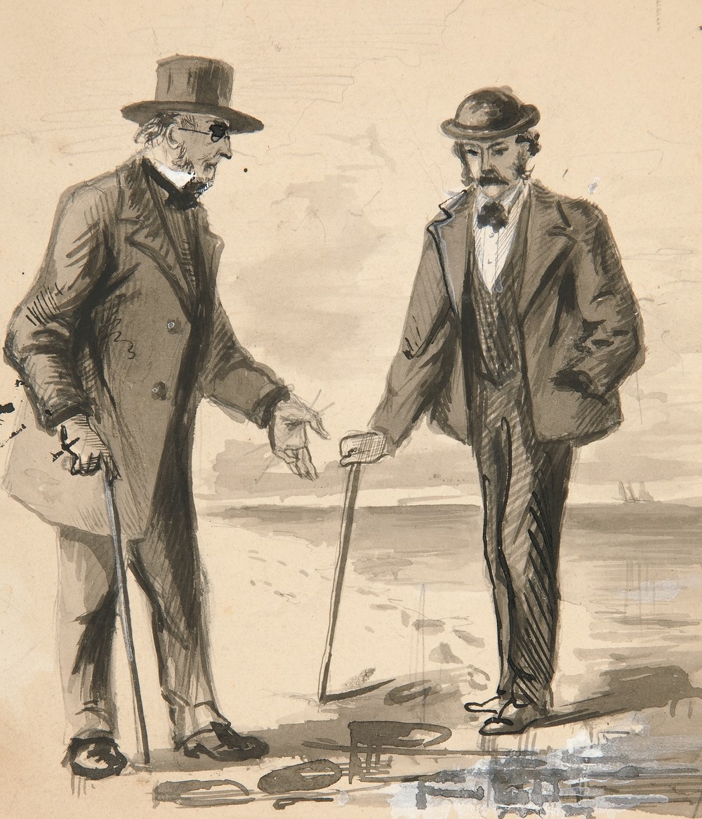 Two men conversing on seashore