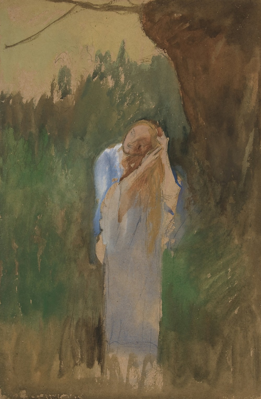 Woman in landcape, combing her long, blond hair