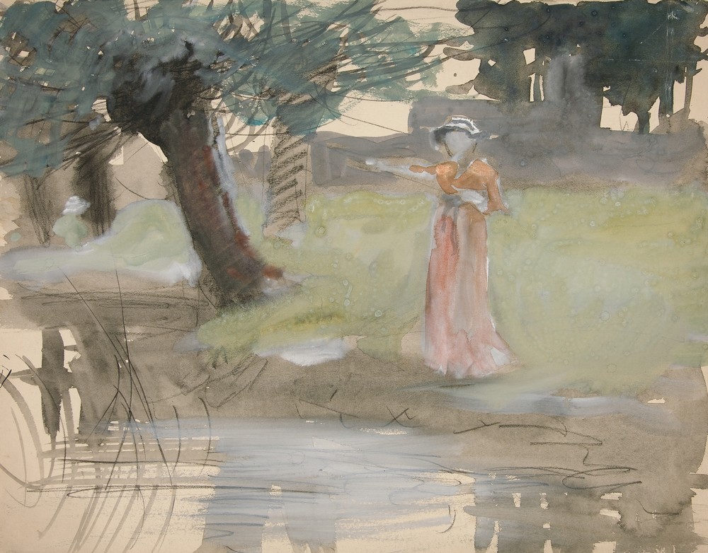 Woman standing by a riverbank