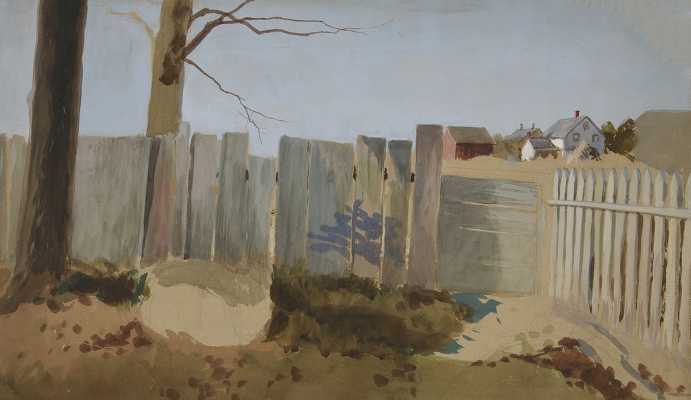 Country scene; fence, field, farmhouse in distance