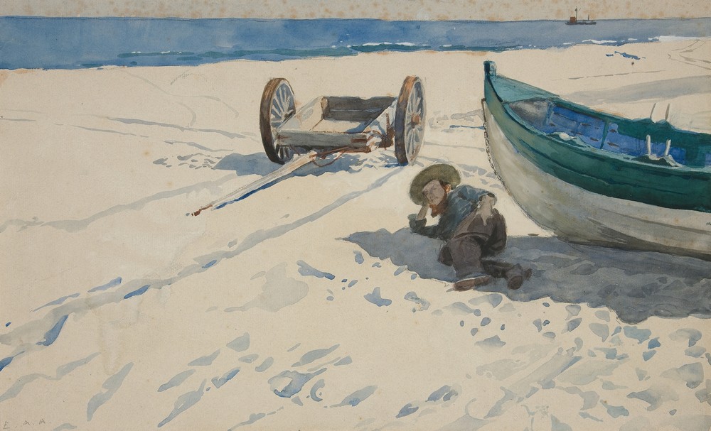 Beach scene with Man Resting in Shadow of Boat