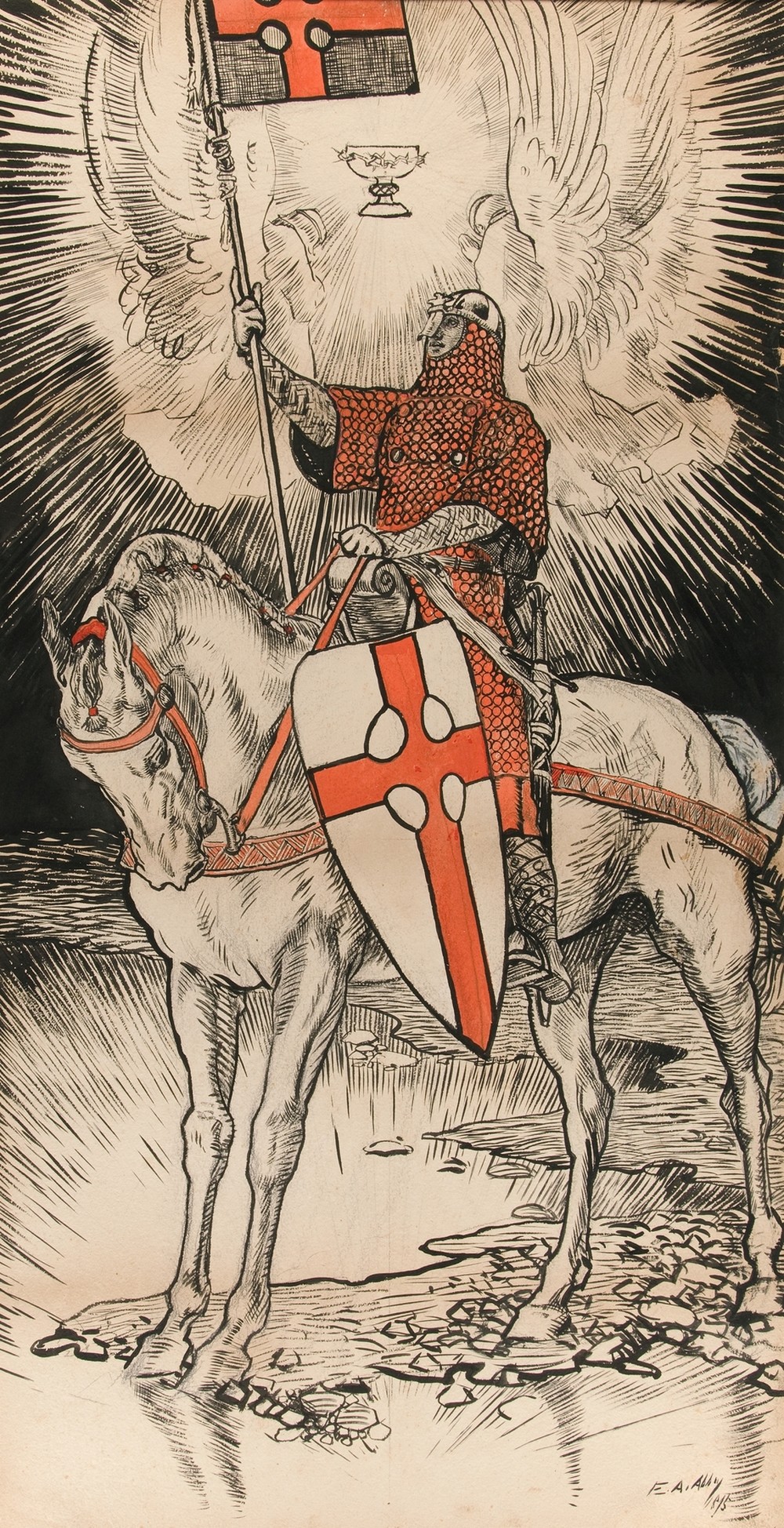 Drawing for the poster publicizing the exhibition for and publication of the book of Abbey’s Quest of the Holy Grail in New York City