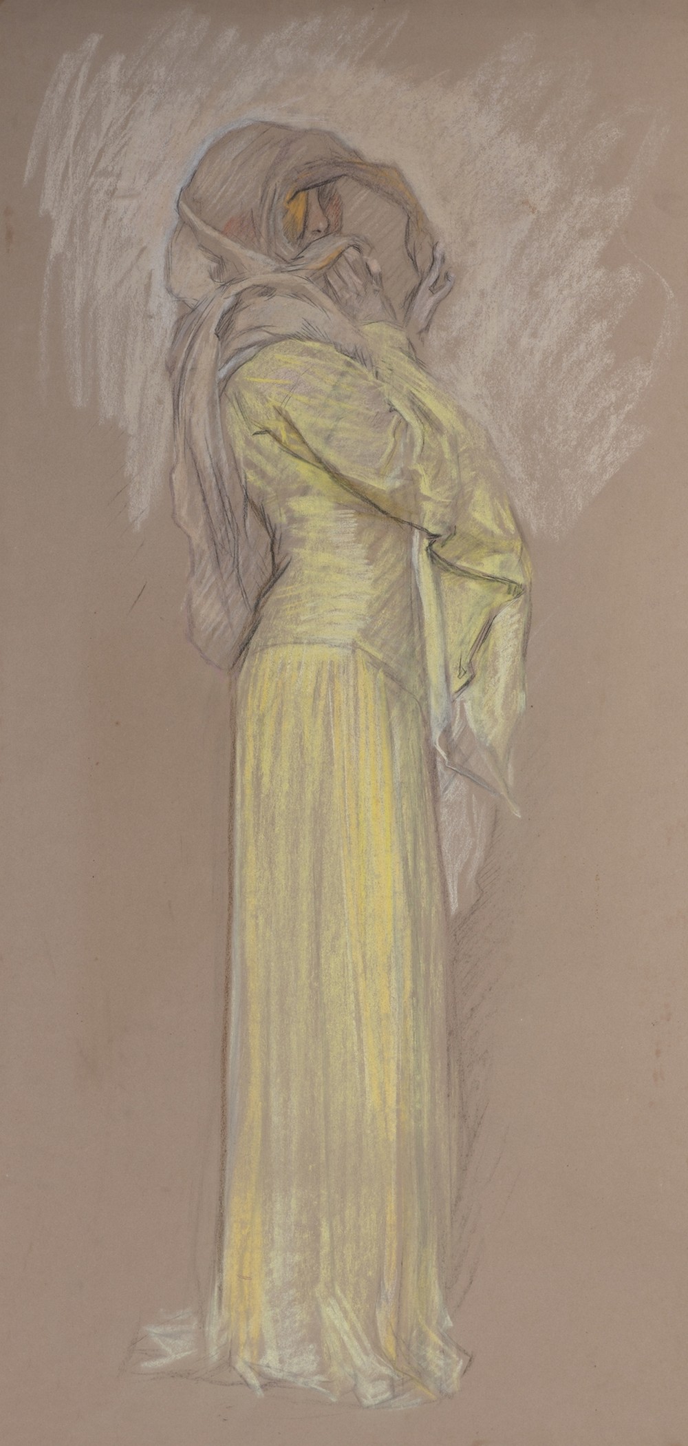Study, Woman in yellow dress with brown veil over face