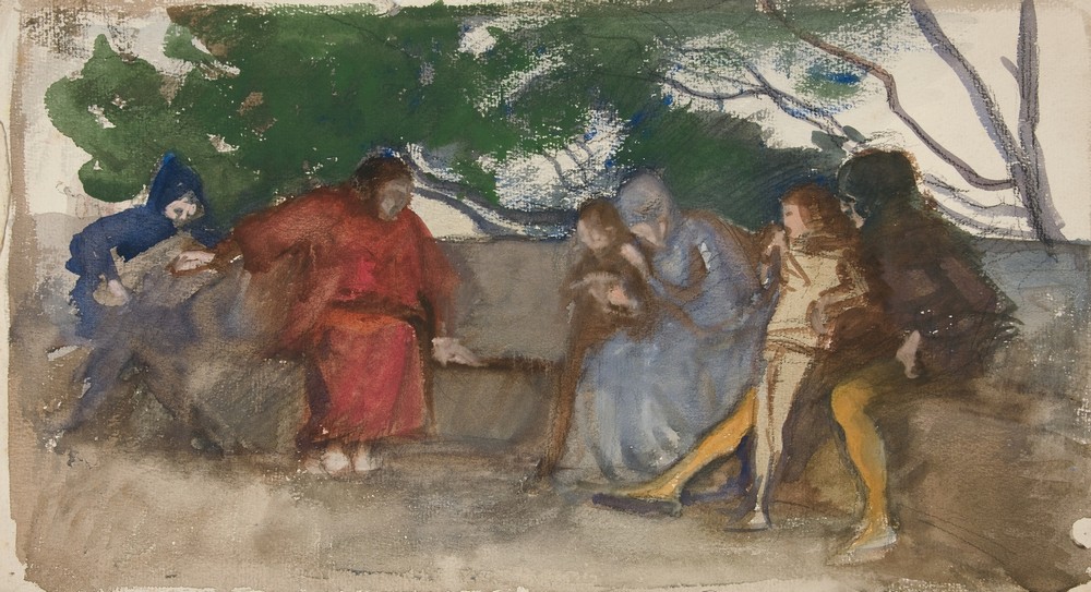 Figures seated along an outdoor bench