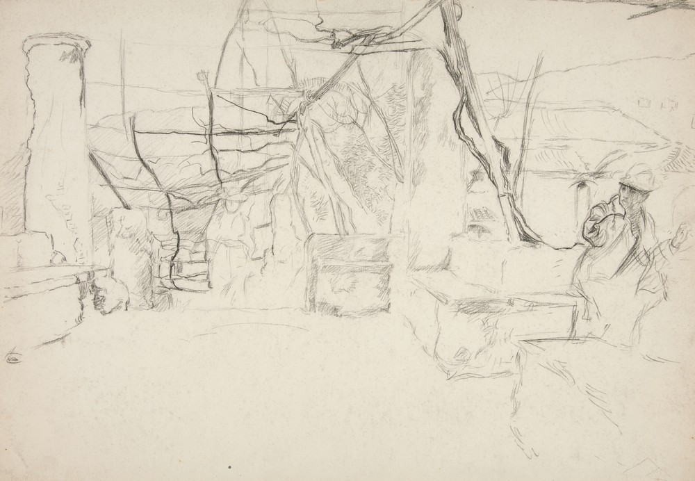 Figures walking among old ruins