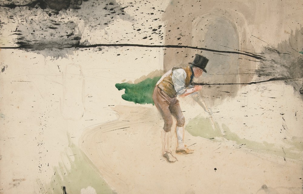 Man in tophat and shirtsleeves sweeping a walkway