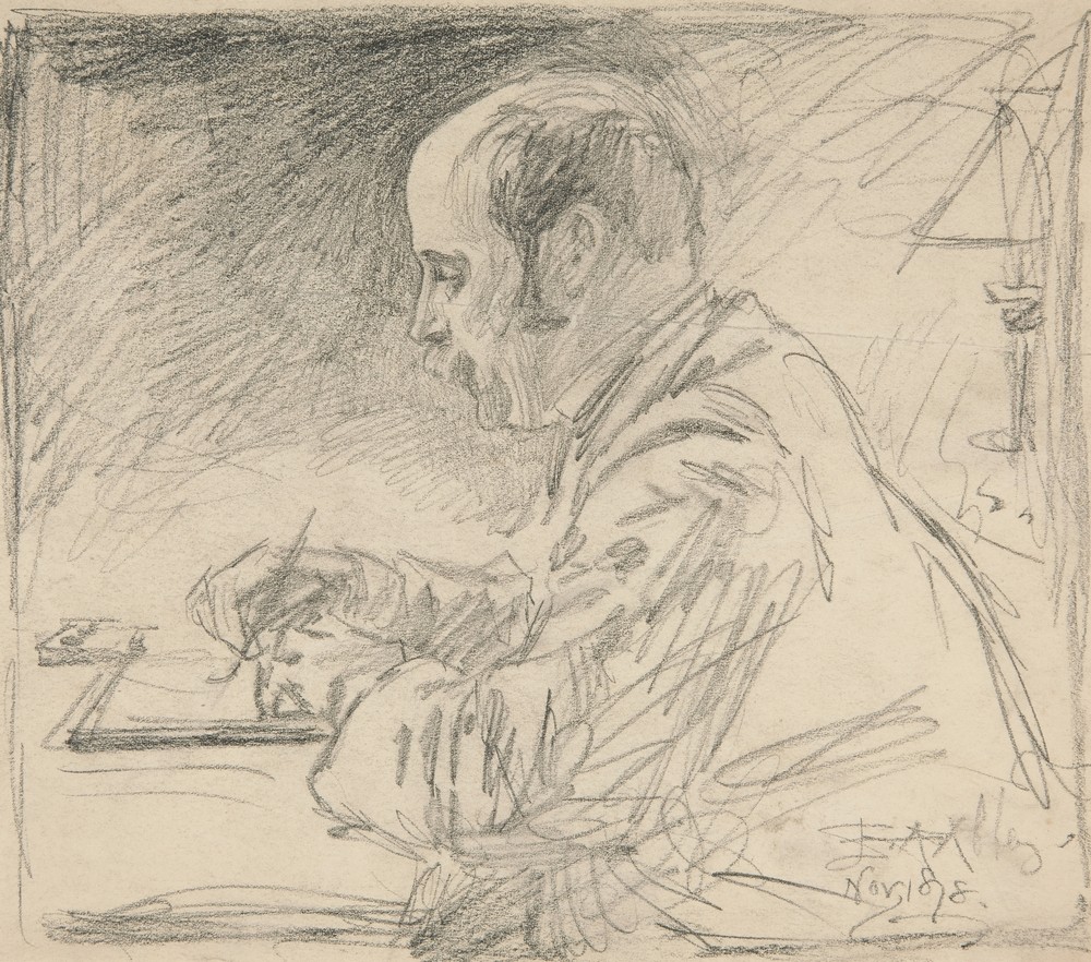 Portrait of a man, left profile, writing at desk