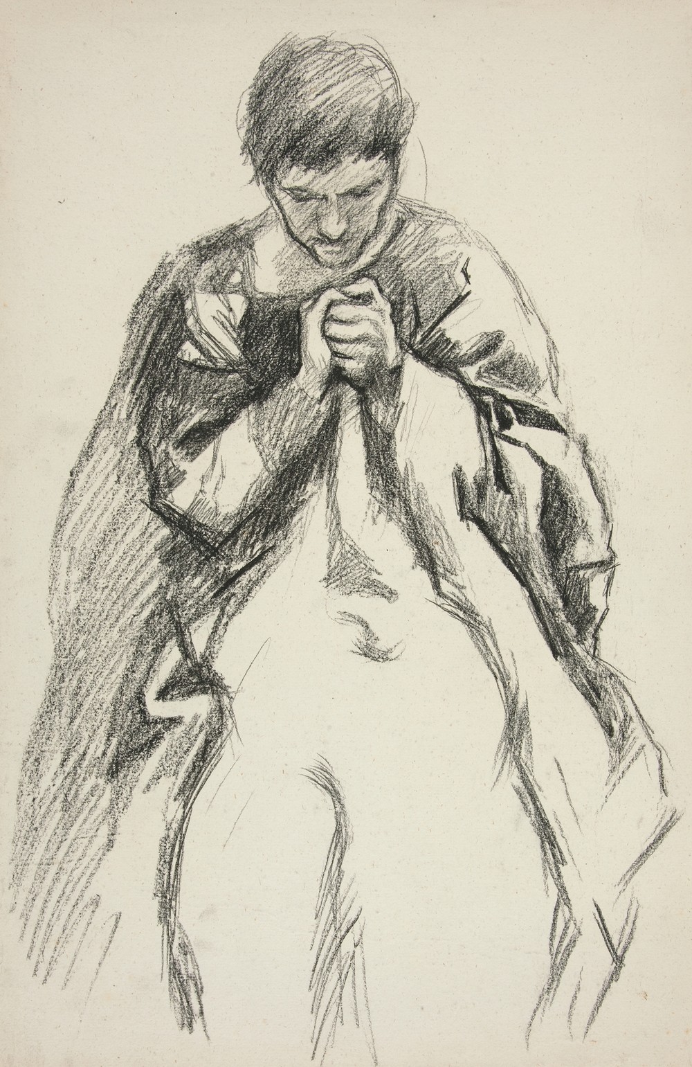 Robed figure, praying; study for The Quest of the Holy Grail mural series at Boston Public Library