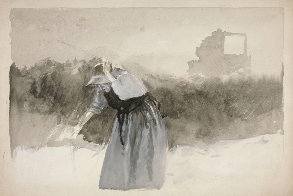 Study of a woman in bonnet, leaning over