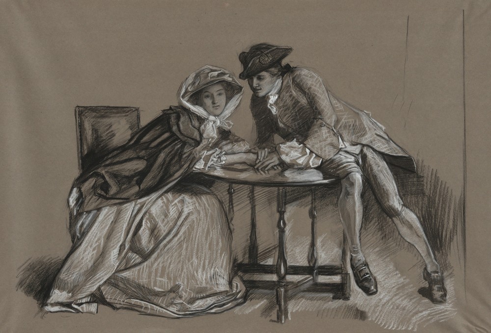 Study. Lady and Gentleman in conversation across a table