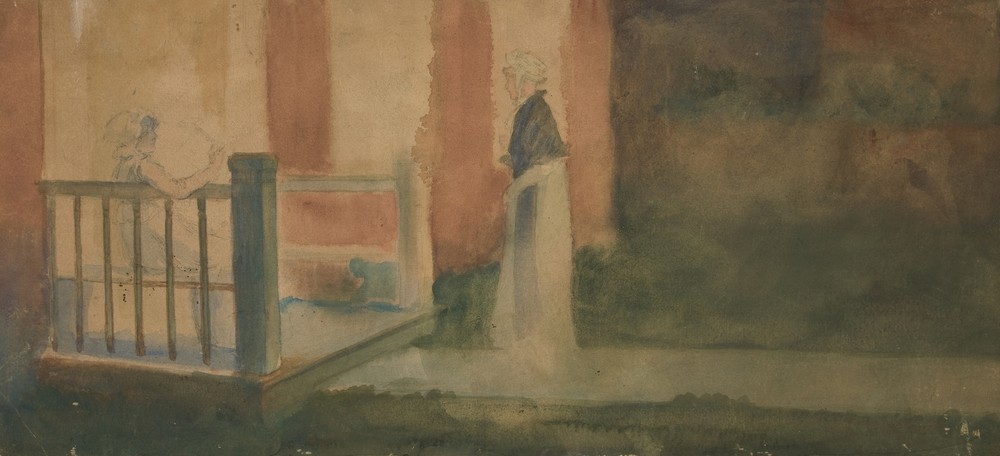 Two women conversing on a porch